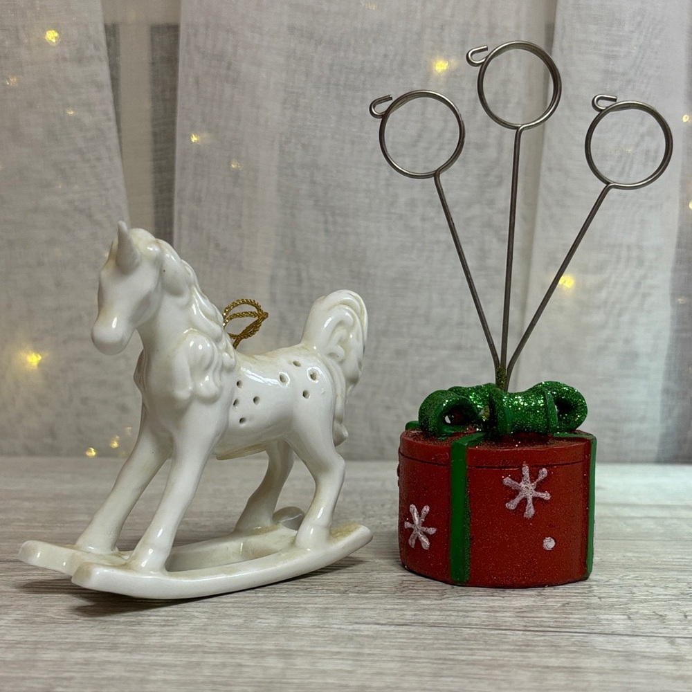 White Rocking Horse Ornament and Red Gift Box Picture Holder/Card Display
